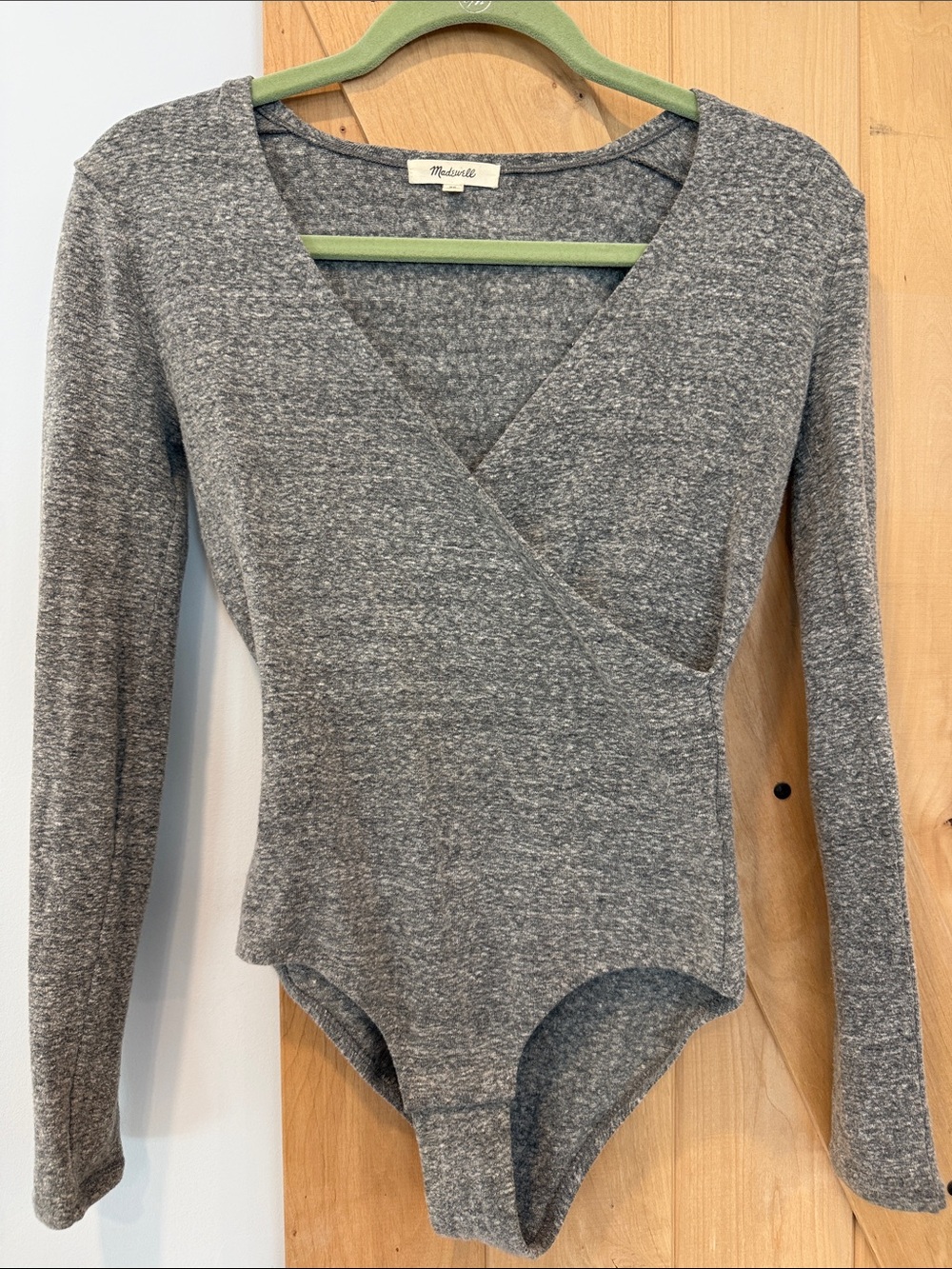 Madewell Heather Gray Wrap-Front Long Sleeve Bodysuit